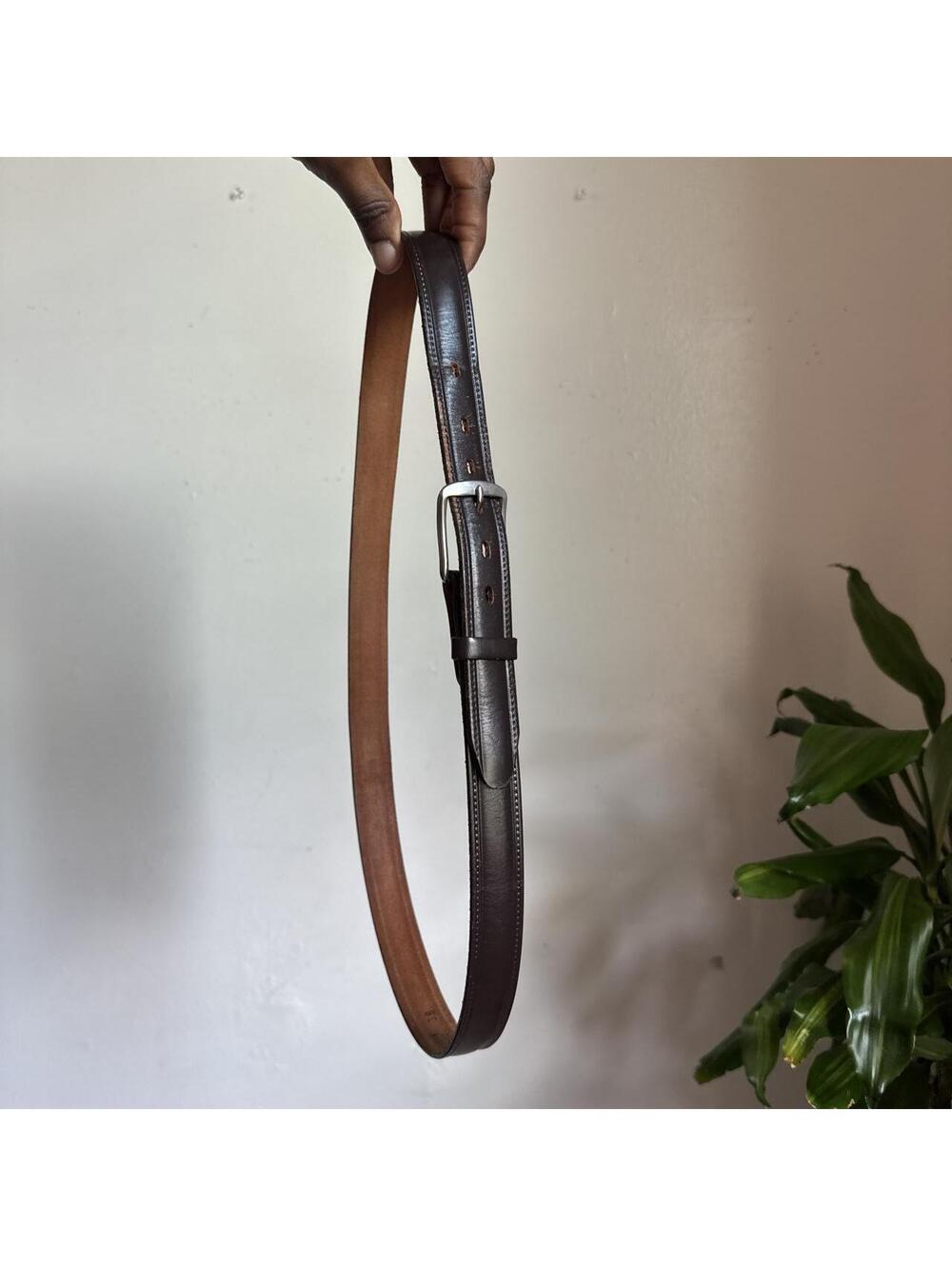 90s Dark Brown Top Grain Cowhide Leather Belt Silver Buckle Size 38